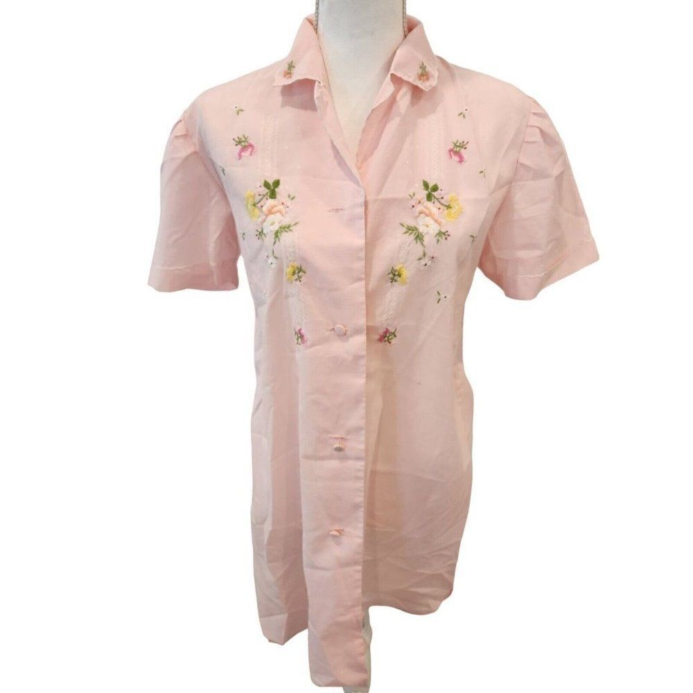 Vintage 70s Jodie Arden Embroidered Pink Floral Sleep Shirt M